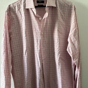 BOSS Pink and White Checked Men's Dress Shirt